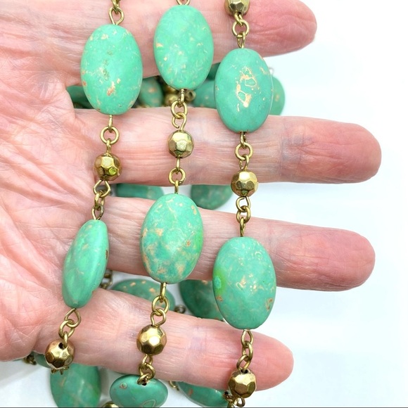 Turquoise & Gold Colored Acrylic Beads Super Long Necklace - Picture 5 of 6